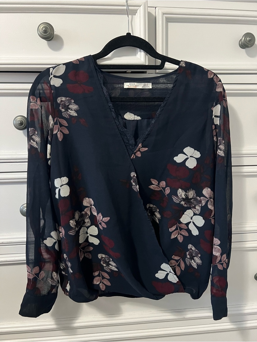 Dex Navy Floral Wrap Blouse with Maroon and White Flowers
